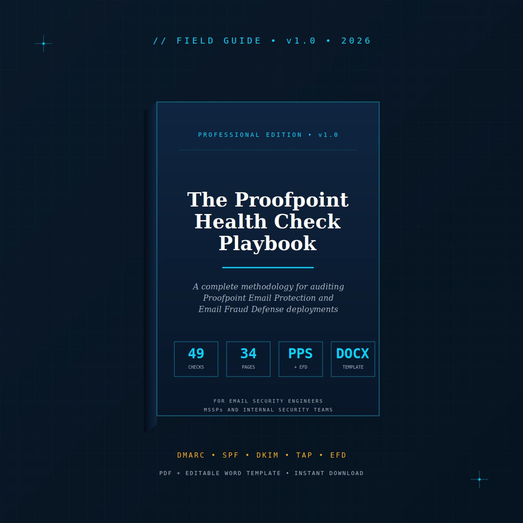 Proofpoint Health Check Playbook 2026 — Pro Edition cover, 34-page email security consulting framework PDF for senior Proofpoint engineers