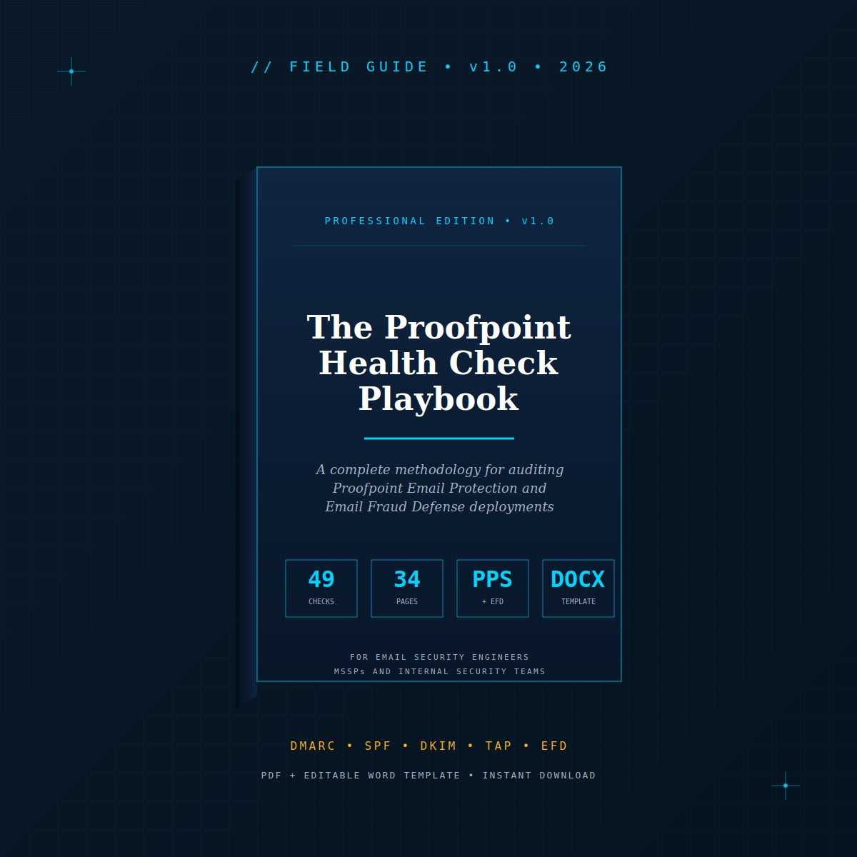 Proofpoint Health Check Playbook 2026 — Pro Edition cover, 34-page email security consulting framework PDF for senior Proofpoint engineers