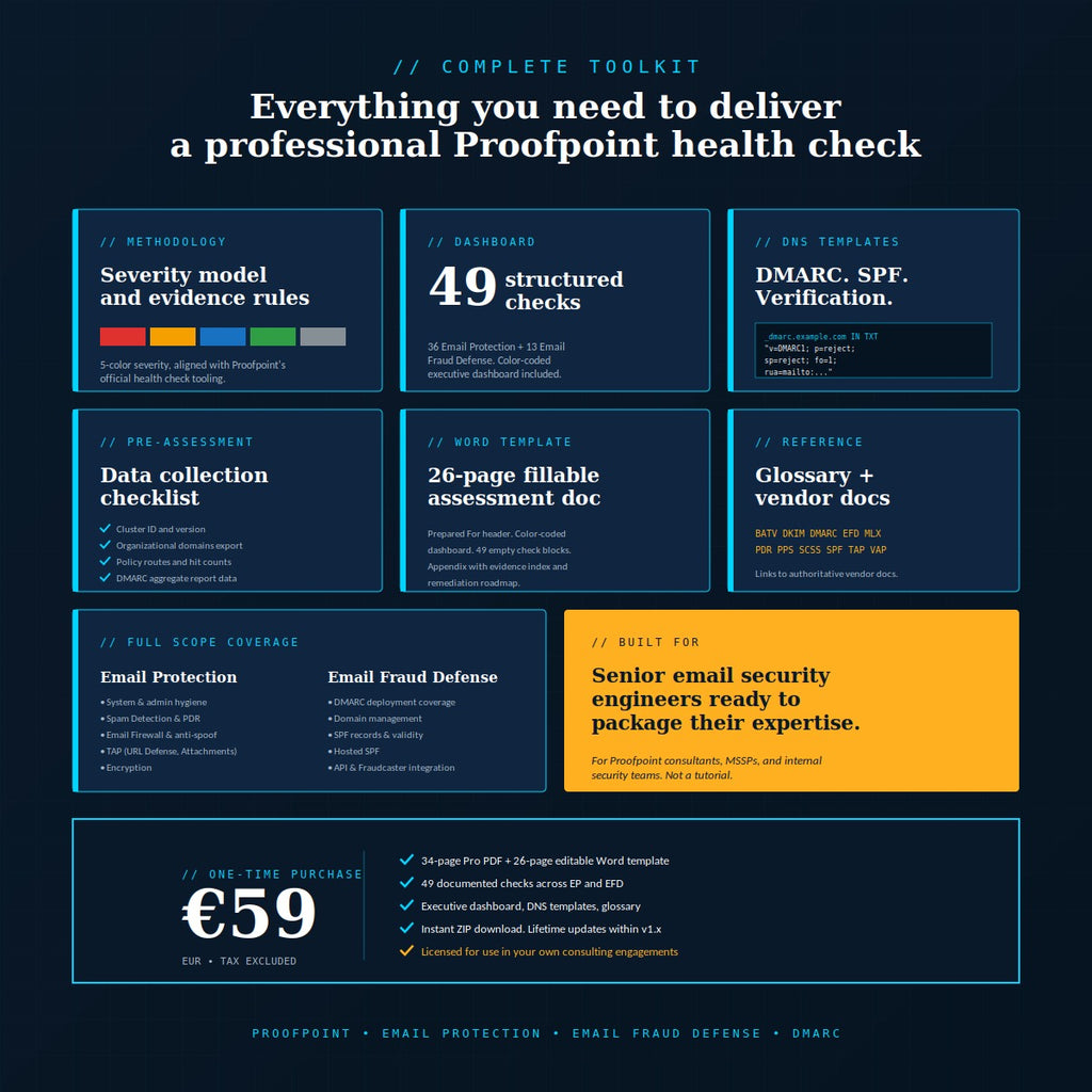 Complete Proofpoint consulting toolkit overview — methodology PDF, executive dashboard, DNS templates, glossary, pre-assessment checklist and Word template for Email Protection and Email Fraud Defense engagements